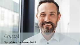  Presentation with photo - Slide deck with photo-of-bearded-pleased-businessman background and a light blue colored foreground