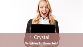  Presentation with photo - Theme consisting of photo of beautiful businesswoman wearing office suit smiling while holding laptop with black screen isolated over white background in studio background and a coral colored foreground