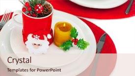  Presentation with banquet - PPT theme consisting of photo of beautiful christmastime table setting holiday banquet christmas celebration luxury white porcelain dishware on red festive tablecloth candle and little toys decorated utensil for dinner background and a lemonade colored foreground