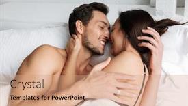  Presentation with bed hotel - Amazing slide set having photo of beautiful couple man and woman kissing together while lying in bed at home or hotel apartment backdrop and a coral colored foreground