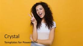  Presentation with cute girlish - Cool new slide deck with photo of beautiful excited young backdrop and a gold colored foreground