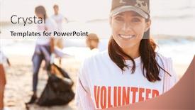  Presentation with plastic bags - Slide set featuring photo of beautiful female volunteer cleaning beach from plastic with trash bags at seaside background and a lemonade colored foreground