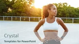  Presentation with sportswear - Slides with photo of beautiful focused woman in sportswear standing and looking aside while working out at playground outdoors background and a sky blue colored foreground