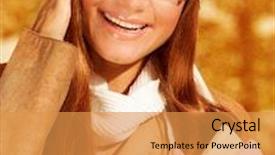  Presentation with happy young student girl holding - Cool new presentation with photo of beautiful happy student girl holding textbook closeup portrait of young stylish businesswoman wearing warm white hat and scarf pretty teen in glasses on orange autumn background backdrop and a gold colored foreground
