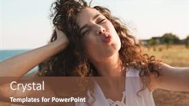  Presentation with seashore - Presentation featuring photo of beautiful happy woman making kiss lips and taking selfie photo while walking at seashore during sunny day background and a tawny brown colored foreground