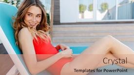  Presentation with photo - Colorful PPT theme enhanced with photo-of-beautiful-woman backdrop and a coral colored foreground