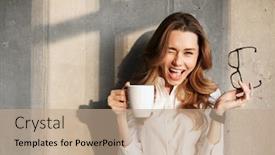  Presentation with formal - Amazing slide set having photo of beautiful young business woman dressed in formal clothes shirt indoors holding coffee backdrop and a coral colored foreground