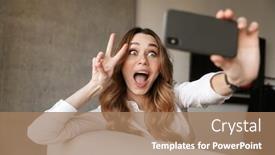  Presentation with formal - Beautiful PPT theme featuring photo of beautiful young business woman dressed in formal clothes shirt indoors take selfie by mobile phone backdrop and a coral colored foreground