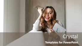  Presentation with formal - Slide deck consisting of photo of beautiful young business woman dressed in formal clothes shirt indoors holding documents background and a tawny brown colored foreground