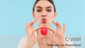  Presentation with lip balm - PPT theme featuring photo of beautiful young woman posing isolated over blue background holding lip balm background and a coral colored foreground
