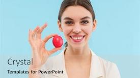  Presentation with lip balm - Cool new PPT theme with photo of beautiful young woman posing isolated over blue background holding lip balm backdrop and a lemonade colored foreground