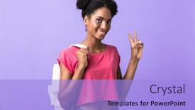  Presentation with african violet - Amazing PPT theme having photo of brunette african american woman student wearing backpack showing peace sign isolated over violet background backdrop and a light blue colored foreground