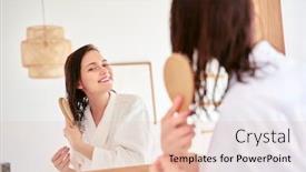  Presentation with mirror - Colorful presentation design enhanced with photo of brunette combing her hair in front of bathtub mirror backdrop and a lemonade colored foreground