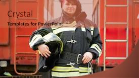  Presentation with firefighter - Colorful PPT theme enhanced with photo of brunette firefighter standing next to firefighters car backdrop and a red colored foreground