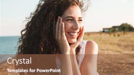  Presentation with seashore - Colorful presentation enhanced with photo of brunette happy woman smiling and propping her head while walking at seashore during sunny day backdrop and a tawny brown colored foreground