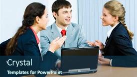  Presentation with meeting table - Colorful theme enhanced with photo of business ladies and businessman sitting at the table and speaking during business meeting in the office backdrop and a ocean colored foreground