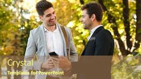  Presentation with green coffee - Beautiful presentation design featuring photo of businesslike men in suits using smartphone while walking outdoor through green park with takeaway coffee during sunny day backdrop and a tawny brown colored foreground