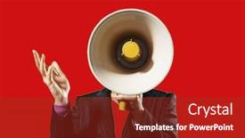 Presentation with photo - Amazing PPT theme having photo-of-businessman-holding-megaphone backdrop and a tawny brown colored foreground