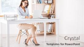  Presentation with photo - Cool new slide set with photo of businesswoman dressed in white shirt and wearing glasses sitting in her office and using laptop looking aside backdrop and a soft green colored foreground