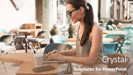  Presentation with black woman - Audience pleasing slide set consisting of photo of caucasian brunette woman 20s wearing black sunglasses sitting in city cafe or restaurant outdoor in summer and using silver laptop backdrop and a coral colored foreground