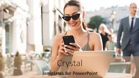  Presentation with photo - PPT theme having photo of caucasian businesswoman wearing black sunglasses and dress holding cell phone while sitting in cozy cafe or restaurant outside in summer background and a coral colored foreground