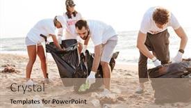  Presentation with eco plastic - Slide set consisting of photo of caucasian eco volunteers people cleaning beach from plastic with trash bags at seaside background and a coral colored foreground