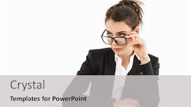  Presentation with photo - Slides featuring photo of caucasian female worker businesswoman dressed in formal wear looking aside while working and sitting at desk in office isolated over white background background and a light gray colored foreground