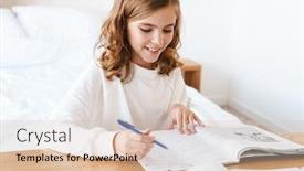  Presentation with homework - Amazing PPT theme having photo-of-caucasian-happy-girl backdrop and a lemonade colored foreground