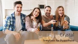  Presentation with eating - Amazing PPT theme having photo-of-caucasian-laughing-friends backdrop and a coral colored foreground
