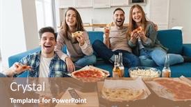  Presentation with eating - Cool new presentation with photo-of-caucasian-laughing-friends backdrop and a coral colored foreground