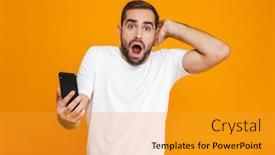  Presentation with photo - Beautiful PPT theme featuring photo of caucasian man 30s in casual wear holding smartphone isolated over yellow background backdrop and a gold colored foreground