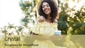  Presentation with takeaway coffee - Presentation theme enhanced with photo of charming american woman background and a  colored foreground