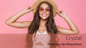  Presentation with straw - Audience pleasing slides consisting of photo of charming woman 20s wearing sunglasses and straw hat smiling at camera isolated over pink background backdrop and a red colored foreground
