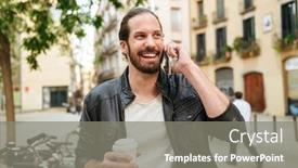  Presentation with takeaway coffee - Beautiful slides featuring photo of cheerful adult man 30s wearing casual clothing smiling while talking on mobile phone and drinking takeaway coffee on city street backdrop and a gray colored foreground