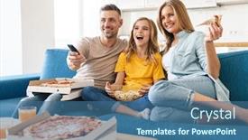  Presentation with family photo - Colorful PPT layouts enhanced with photo-of-cheerful-beautiful-caucasian backdrop and a ocean colored foreground