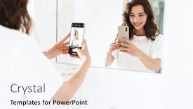  Presentation with selfie - Slide set having photo-of-cheerful-beautiful-woman background and a sky blue colored foreground