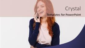  Presentation with cheerful - Slide deck featuring photo of cheerful beautiful young redhead lady standing isolated over white wall background looking aside talking by mobile phone background and a coral colored foreground