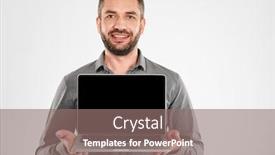  Presentation with photo display - PPT theme featuring photo of cheerful businessman standing isolated over white background looking camera showing display of laptop computer background and a gray colored foreground