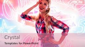  Presentation with signboard - PPT theme consisting of photo-of-cheerful-caucasian-woman background and a coral colored foreground