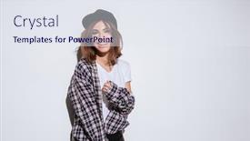  Presentation with cage - Presentation design with photo of cheerful lady dressed in shirt in a cage print standing isolated over white background background and a sky blue colored foreground