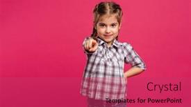  Presentation with save girl child - Cool new slide set with photo of cheerful little girl child standing isolated over pink background looking camera pointing to you backdrop and a red colored foreground