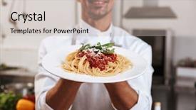  Presentation with restaurant kitchen - Cool new PPT theme with chiefs - photo of cheerful male chief backdrop and a mint green colored foreground