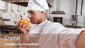  Presentation with harvest apron - Presentation design with chiefs - photo of cheerful male chief background and a violet colored foreground