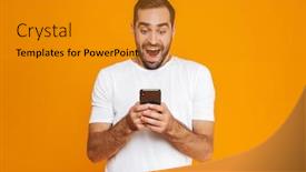  Presentation with cheerful - Cool new slide deck with photo of cheerful man 30s in casual wear smiling and holding smartphone isolated over yellow background backdrop and a gold colored foreground
