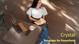  Presentation with coffee book - Amazing presentation design having photo-of-cheerful-pretty-young backdrop and a tawny brown colored foreground