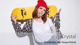  Presentation with cage - PPT theme featuring photo of cheerful woman dressed in shirt in a cage print wearing hat standing isolated over white background showing tongue and holding skateboard background and a lemonade colored foreground