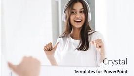  Presentation with finger - Colorful PPT theme enhanced with photo-of-cheerful-woman-pointing backdrop and a sky blue colored foreground