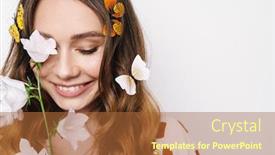  Presentation with butterflies - Beautiful slide set featuring photo-of-cheerful-woman backdrop and a red colored foreground