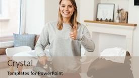  Presentation with ironing - PPT layouts consisting of photo-of-cheerful-young-beautiful background and a mint green colored foreground