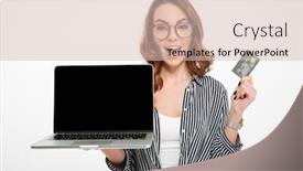  Presentation with photo display - PPT theme with photo of cheerful young lady standing isolated over white wall background showing display of laptop computer looking camera holding credit card background and a soft green colored foreground